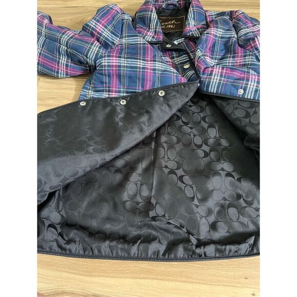 Coach Quilted Navy Blue & Purple Plaid Print Long Sleeve Snap Front Jacket Sz M - Picture 8 of 8